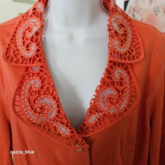 MOFFI International Vintage Tailored Women's Plus Size Orange Denim Jacket - Picture 6 of 14